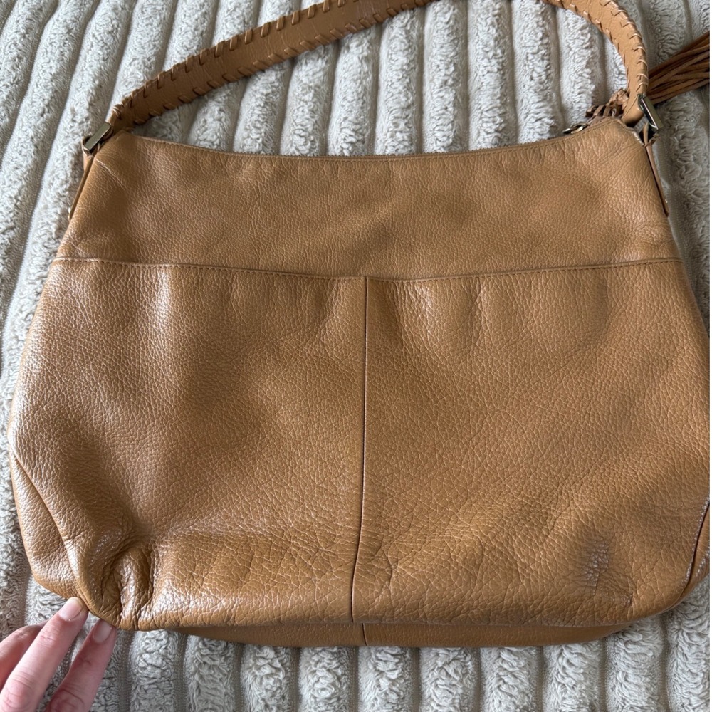 Elaine Turner Tan Pebbled Leather Hobo Bag Braided Strap Tassel Pink Lining - Picture 5 of 11